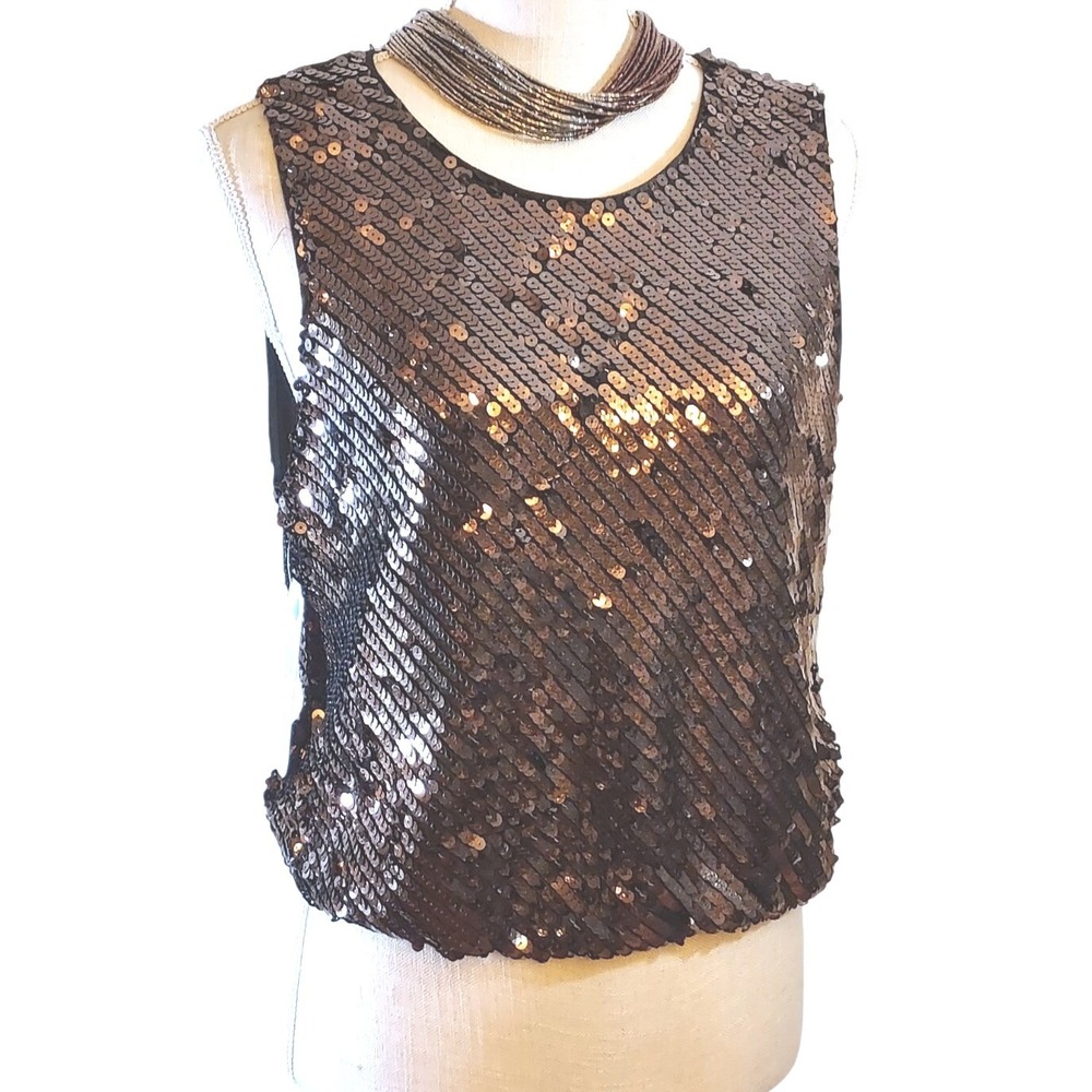 DressUp Mustard Seed Top Women's Large Bronze Sequin Tie Back Sleeveless NWT